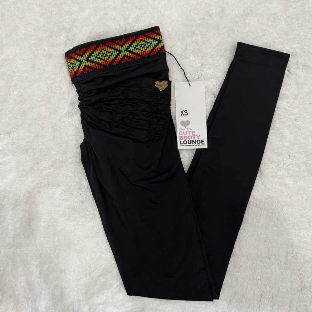 NWT Cute Booty Lounge Black Leggings with Colorful Waistband